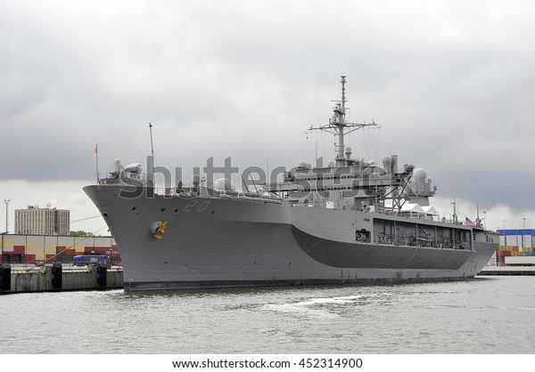 KLAIPEDA,LITHUANIA-JULY 03:military ship USS Mount Whitney in port on July 03,2016 in Klaipeda,Lithuania.He is a Blue Ridge class command ship of the US Navy; it is the flagship of the Sixth Fleet.