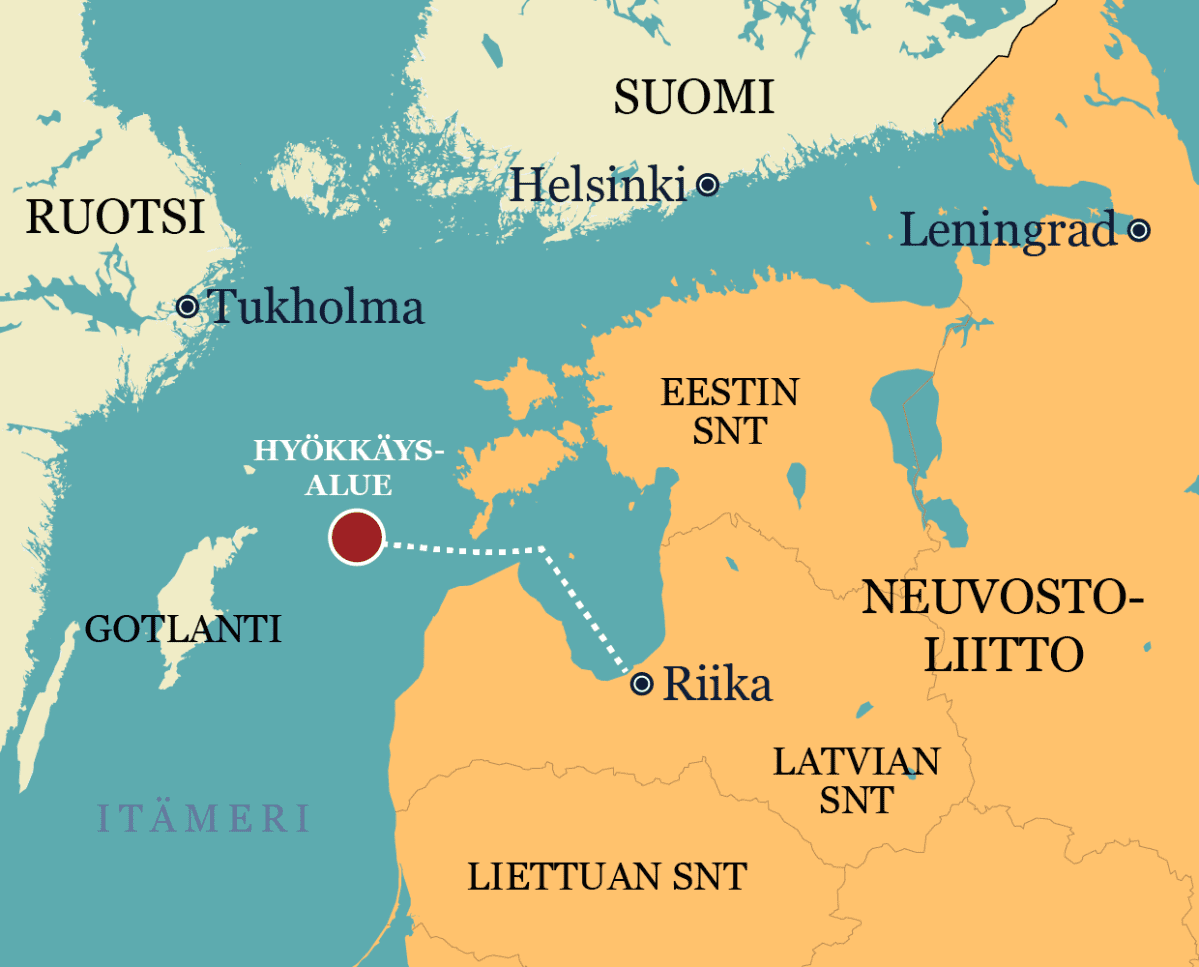 Kartta vuonna 1975 Itämerellä sattuneesta sotalaivan kapinasta, sen reitistä.