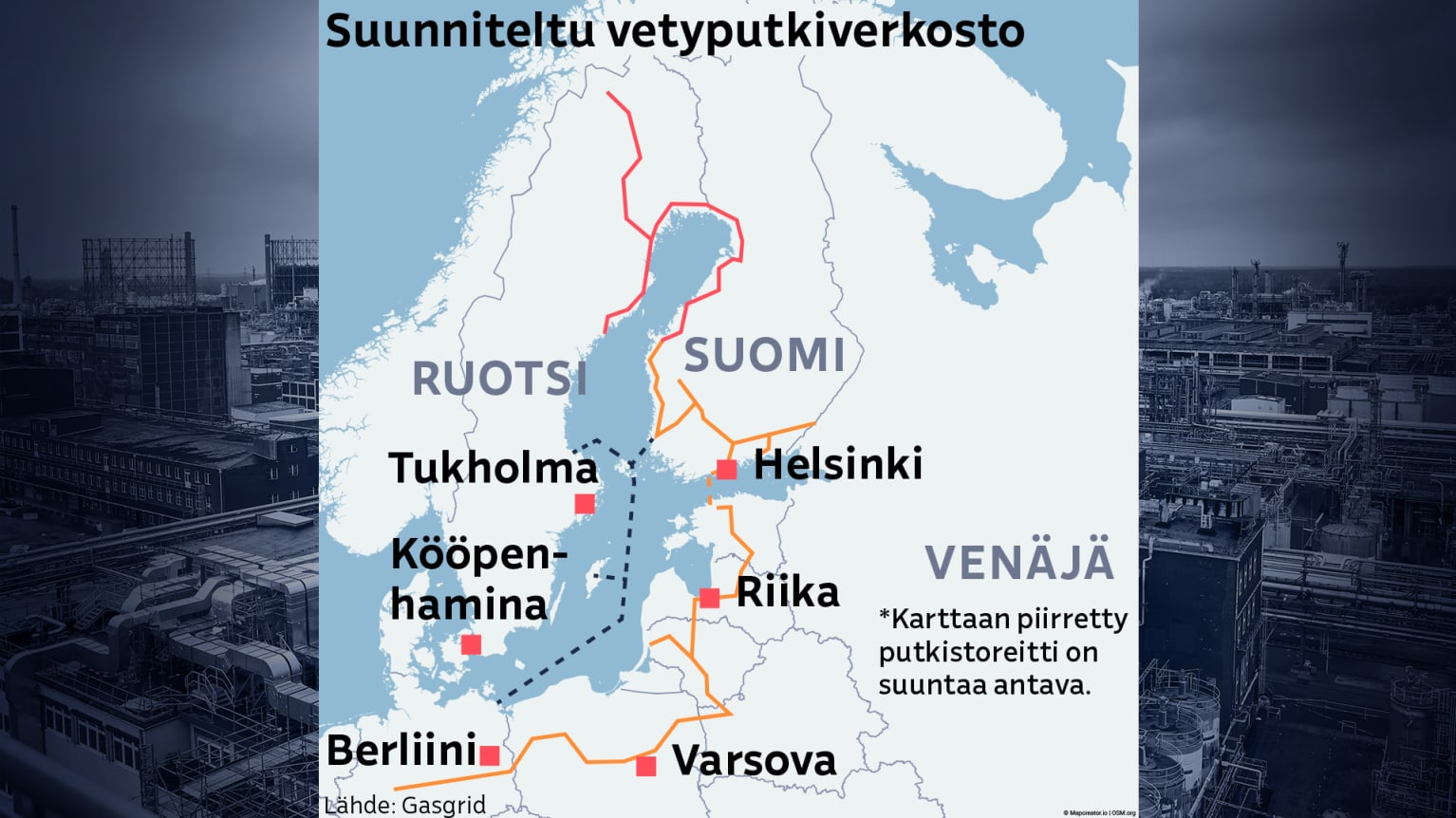 Suunniteltu Euroopan vetyputkiverkosto suuntaa antavasti kartalle piirrettynä. Suunniteltu Euroopan vetyputkiverkosto suuntaa antavasti kartalle piirrettynä.