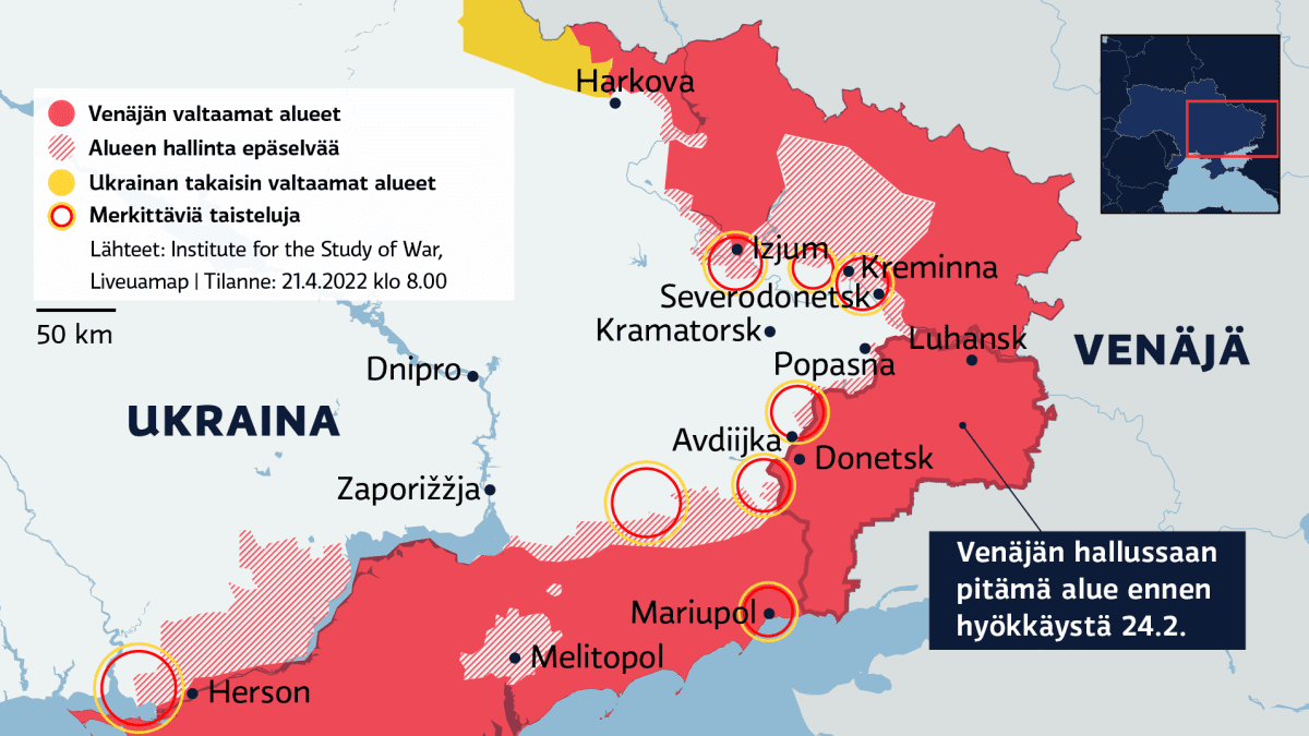 Kartalla Venäjän valtaamat alueet Ukrainassa 21.4.2022. Kartalla Venäjän valtaamat alueet Ukrainassa 21.4.2022.