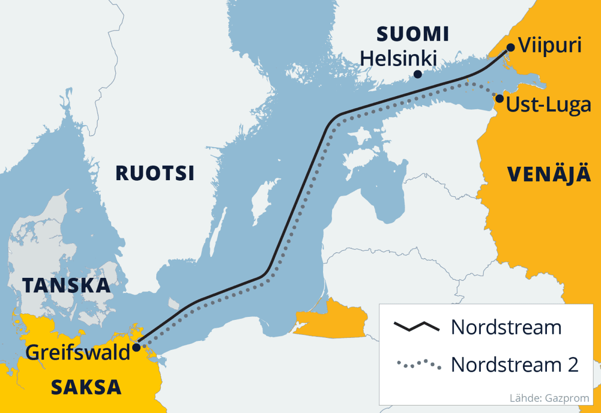 Kartalla Nordstream-kaasputkien reitit Itämerellä.