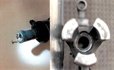 Vasemmanpuoleisessa kuvassa näkyy käytetyn sysäyksenvahvistimen liekinsammuttimen sisällä olleen lieriöosan laajentuminen sekä luodin vaipan jäänteitä. Oikeanpuoleisessa kuvassa aseen piipun päässä jäänteitä luodista.