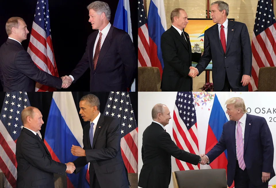 Four pictures showing Vladimir Putin shaking hands with U.S. Presidents Bill Clinton, George W. Bush, Barack Obama and Donald Trump. Four pictures showing Vladimir Putin shaking hands with U.S. Presidents Bill Clinton, George W. Bush, Barack Obama and Donald Trump.