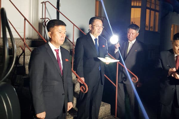 Kim Myong-gil, North Korea’s chief nuclear negotiator, appearing outside the North Korean embassy on Saturday in Stockholm.