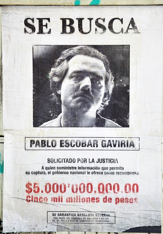 Wanted Pablo Escobar. MADRID, SPAIN - September 01, 2016: Promotional poster for TV series Narcos (Wanted Pablo Escobar Gaviria, prize 5 billions pesos) in stock image