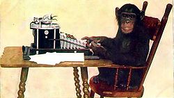 Apina kirjoittaa kirjoituskoneella