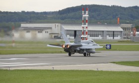 A Swiss Army Air Force FA-18 taking off from Payerne aerodrome. 